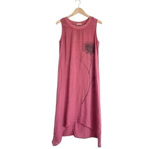 Laura Gotti Made in Italy Linen Maxi Dress Artsy Botanical Graphic Hi-Low lagen